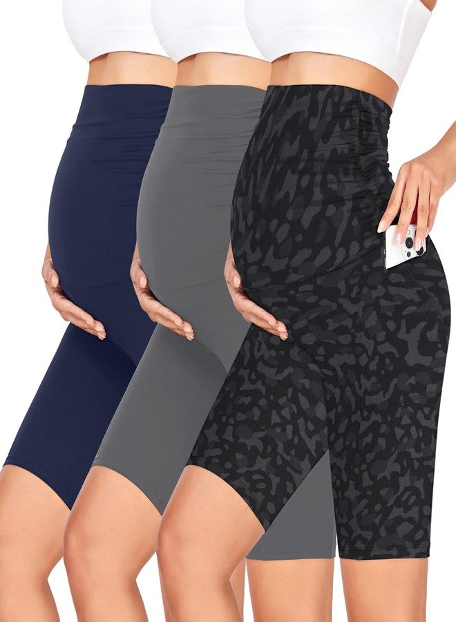 GROTEEN 3 Pack Women's Maternity Shorts Over Belly with Pockets - 8'' High Waisted Workout Yoga Pregnancy Biker Shorts - Image 1